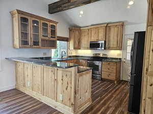 Kitchen with a peninsula, appliances with stainless steel finishes, dark wood-style flooring, dark stone counters, and glass insert cabinets
