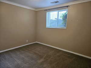 Unfurnished room featuring dark carpet and crown molding