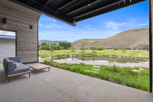 View of patio featuring a mountain view