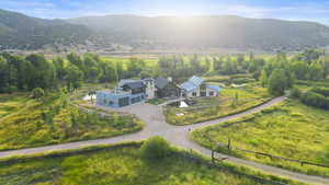 Aerial view of sparsely populated area with mountains