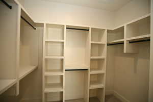 Master Walk in closet with carpet flooring and organized storage.