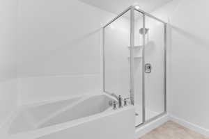 Bathroom with a shower stall and a bath