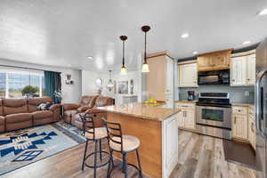 Kitchen with open floor plan, stainless steel appliances, light wood finished floors, a kitchen bar, and recessed lighting