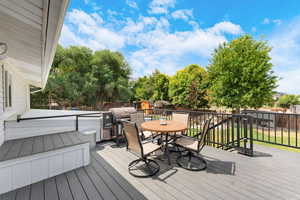 Wooden terrace featuring outdoor dining area and a fenced backyard