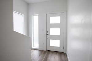 Entryway with light wood finished floors and baseboards