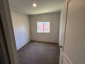 Carpeted empty room featuring ornamental molding
