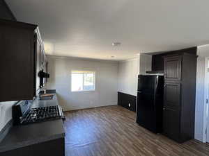 Kitchen with freestanding refrigerator, stove, dark wood-style floors, and dark countertops