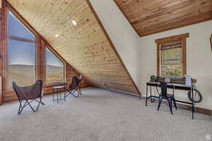 Sitting room with lofted ceiling, wooden ceiling, and carpet flooring