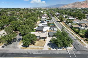 Aerial perspective of suburban area featuring mountains
