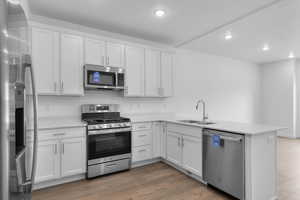 Kitchen with appliances with stainless steel finishes, recessed lighting, a peninsula, light countertops, and white cabinetry