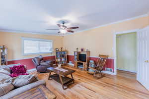 Living room featuring ceiling fan, crown molding, and light wood-type flooring