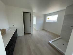 Bathroom with a stall shower, wood finished floors, and vanity