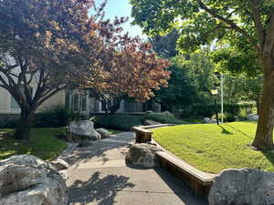View of inviting entry walk way with green lawn, rocks and mature landscaping