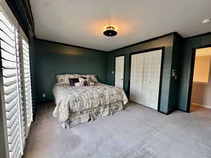 Carpeted bedroom featuring ornamental molding and multiple closets, deck access and it's own bathroom