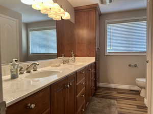 Bathroom with double vanity, wood finished floors, a chandelier, and healthy amount of natural light