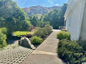 View of side walkway with mountain backdrop