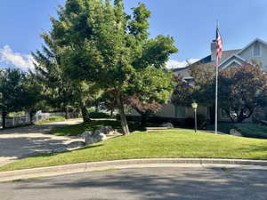 View of front of home with a front yard and large driveway