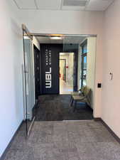 Hall with carpet and a drop ceiling