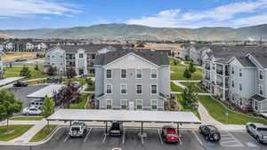 Aerial view of residential area featuring mountains