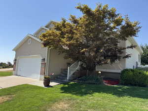 View of property hidden behind natural elements with driveway, a front lawn, a garage, and stucco siding