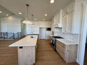 Kitchen featuring appliances with stainless steel finishes, pendant lighting, an island with sink, white cabinets, and recessed lighting