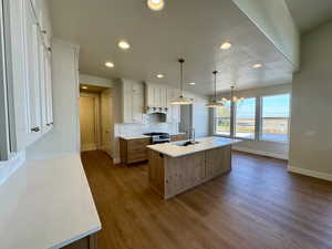 Kitchen featuring white cabinetry, backsplash, pendant lighting, dark wood-type flooring, and recessed lighting