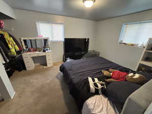 Bedroom featuring light colored carpet