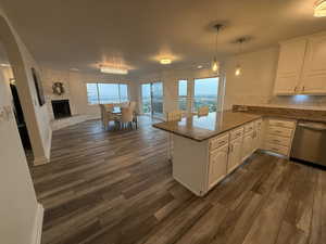 Kitchen featuring open floor plan, dark wood finished floors, dishwasher, and white cabinets
