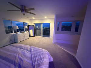 Bedroom with carpet floors, ceiling fan, and recessed lighting