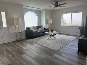 Living area featuring ceiling fan and dark wood finished floors