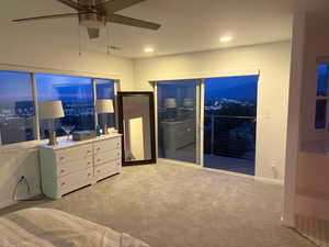 Bedroom with carpet floors, recessed lighting, and a ceiling fan