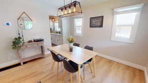 Dining space featuring light wood finished floors and baseboards