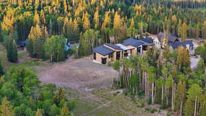 Aerial view of property's location featuring a forest
