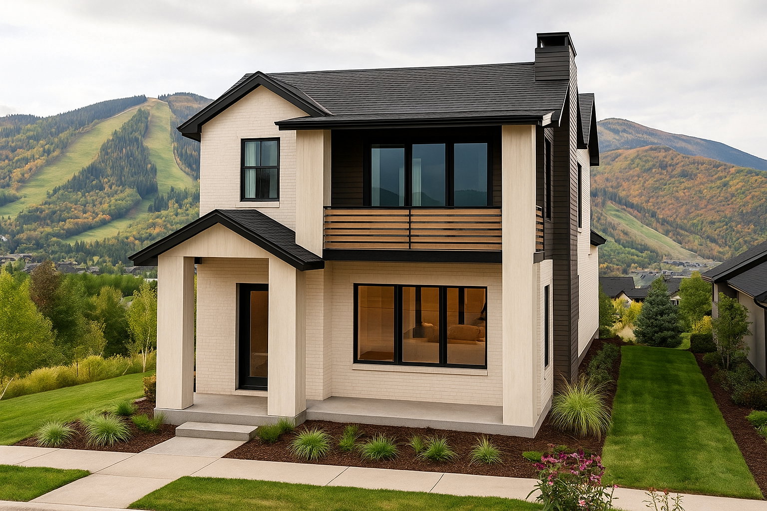Contemporary home featuring a mountain view, brick siding, a balcony, and a front yard