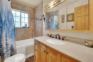 Bathroom with vanity and shower / bathtub combination with curtain