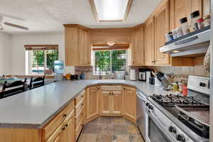 Kitchen featuring stainless steel appliances, ceiling fan, healthy amount of natural light, a peninsula, and a textured ceiling