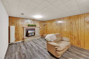 Living area featuring a fireplace, wood walls, and wood finished floors