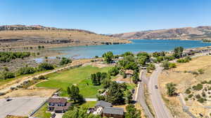 Aerial view of a water and mountain view