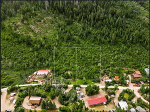 Aerial view of property's location with a forest and approximate property boundaries of the two lots highlighted