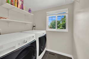 Laundry area featuring independent washer and dryer and dark tile patterned floors