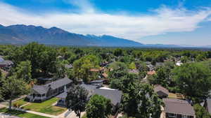 Aerial perspective of suburban area featuring mountains