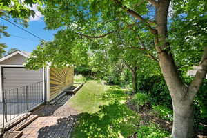 View of grassy yard with an outbuilding