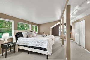 Bedroom featuring carpet floors and rail lighting