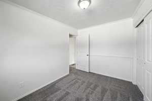 Unfurnished bedroom featuring ornamental molding, a closet, carpet, and a textured ceiling