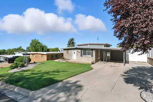 View of front of property featuring driveway, brick siding, a front yard, and an attached carport