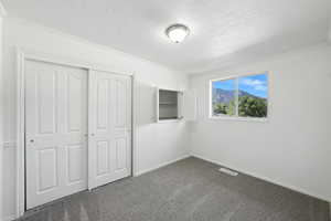 Unfurnished bedroom featuring ornamental molding, a textured ceiling, carpet, and a closet