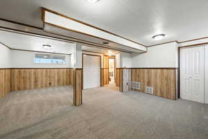 Basement with a wainscoted wall, wooden walls, and carpet flooring