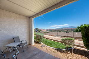 View of patio / terrace featuring a mountain view