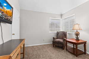 Sitting room featuring carpet and vaulted ceiling