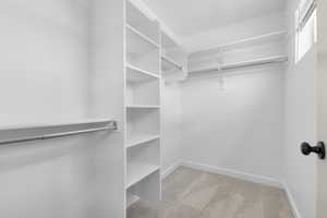 Walk in closet with carpet floors